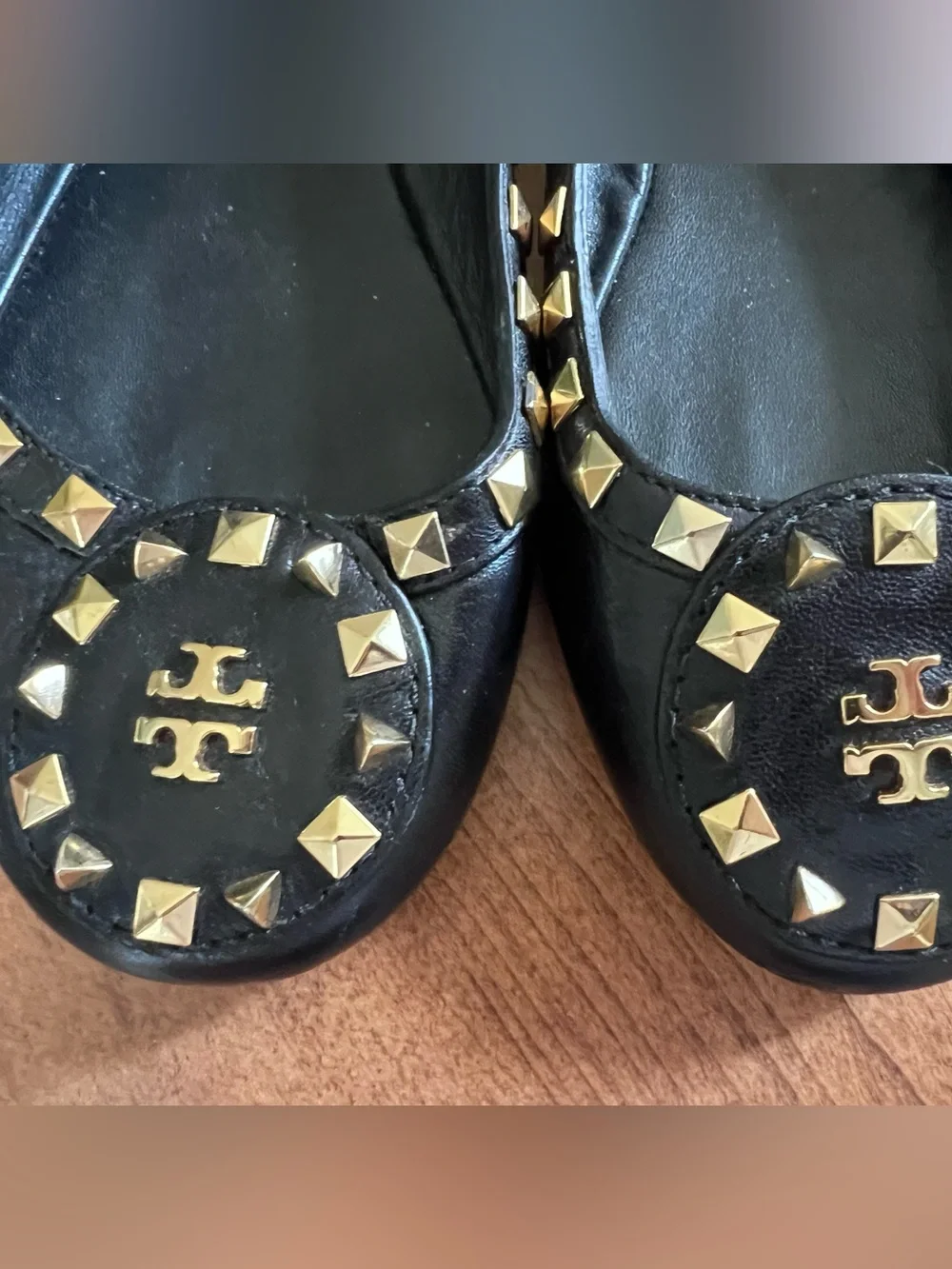 Tory Burch Dale Gold Studded Black Leather Ballet Flats Size 10